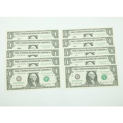 Ten Consecutively Numbered United States of America $1 Notes, D22129221A-D22129230A