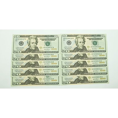 Ten Consecutively Numbered Unites States of American $20 Notes, GB92588191B-GB92588200B