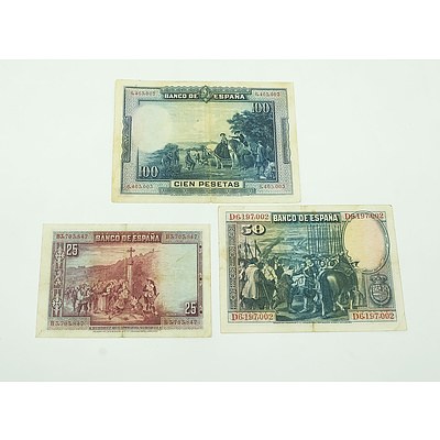 Three 1928 Spanish Banknotes