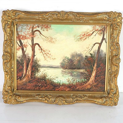 Vintage Moulded Gesso Landscape, Oil on Canvas