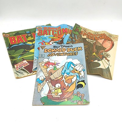 Four Vintage Comics; 'Batman and Robin' (No. 19), 'The Amazing Spider-Man' (No. 213), 'Bumper BatComic Presents Batman and The Creeper' (No. 19) and 'Donald Duck Adventures' (No.6 AUG)