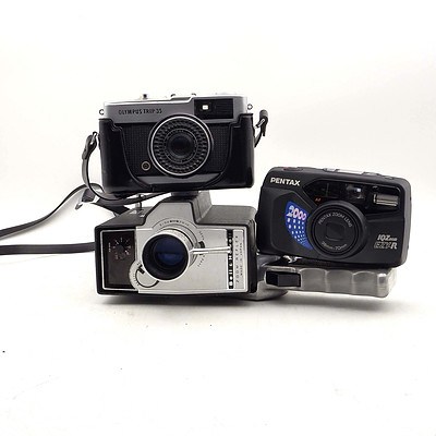 Three Retro Cameras Including Pentax IGZoom EZY-R, Bell & Howell Auto Load Animation and Olympus Trip 35