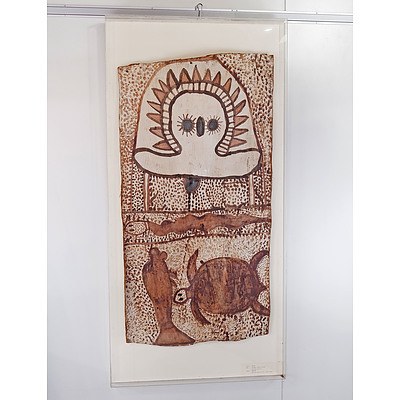 Aboriginal Artist Unknown (Kimberley Region) Wandjina Spirit and Totemic Animals, Ochre on Bark