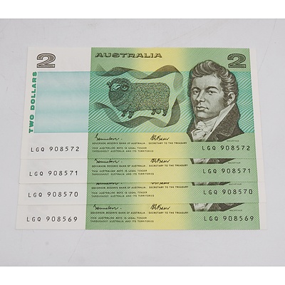 Four 1985 Australian Two Dollar Banknotes Consecutively Numbered Johnston/Frazer - Uncirculated