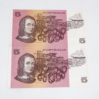 Two 1983 Australia Five Dollar Banknotes Johnston/Stone