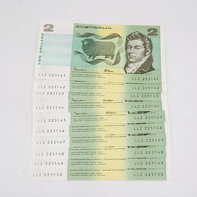 10x 1985 Australian Two Dollar Banknotes Consecutively Numbered - Uncirculated