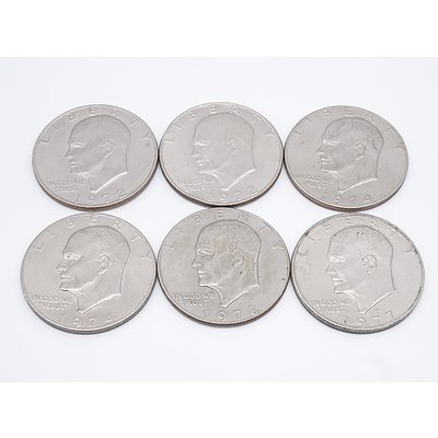 Six US Eisenhower $1 Coins, 1972, 1974, 1977, 1978