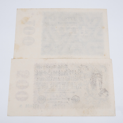 1923 Germany 100 and 500 Reichsbanknote - No Printing on Back