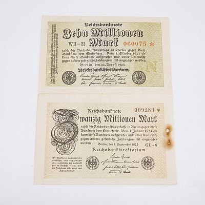 1923 Germany Zehn Millionen and Swanzig Millionen Reichsbanknote - No Printing on Back