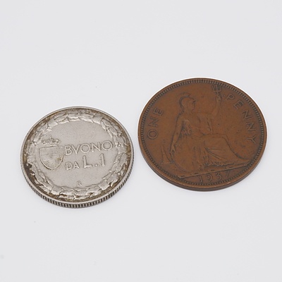1922 Italy One Lira and 1937 English Penny