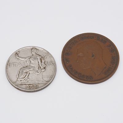 1922 Italy One Lira and 1937 English Penny