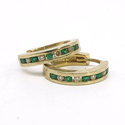 9ct Yellow Gold Hoop (Huggies) Earrings Each with Five Created Green Gems Alternating with Four Brilliant Cut Diamonds