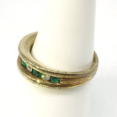 9ct Yellow Gold Ring with Five Created Green Gems and Four Round Brilliant Cut Diamonds, 4.8g