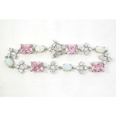 Sterling Silver Bracelet with Created Pink, CZ and Opal Gems
