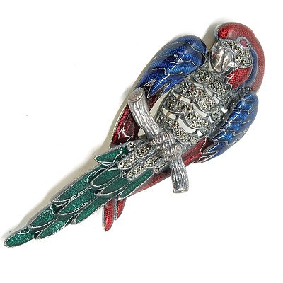 Decorative Marcasite and Enamel Parrot Brooch