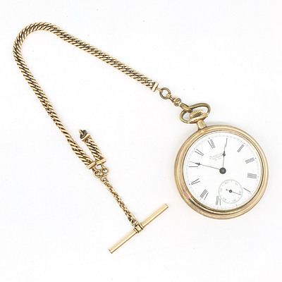 Rolled Gold Cased Waltham Pocket Watch with Rolled Gold Double Curb Link Chain