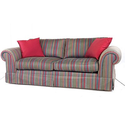 Pair of Moran Three Seater Lounges with Striped Herringbone Upholstery