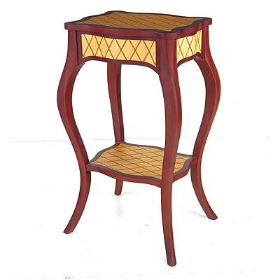 Antique Style Tiered Pedestal Stand or Side Table with Diamond Pattern Inlay, Modern