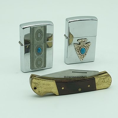 Two Zippo Lighters and One Winchester Folding Knife