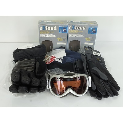 Group of Ski Accessories Including Goggles, Gloves and Thermals