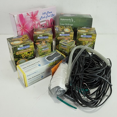 Group of Pond Lighting and Power Equipment Including Wiring Accessories and 149 Piece Pink Tool Set