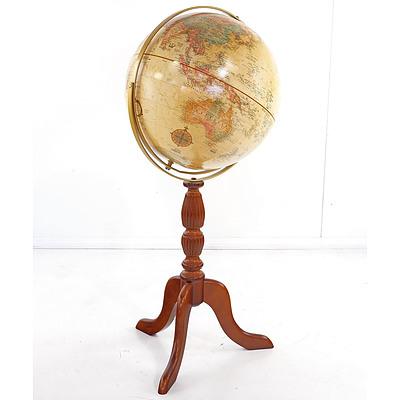 Antique Style Terrestrial Floor Globe on Carved Tripod Stand, Modern