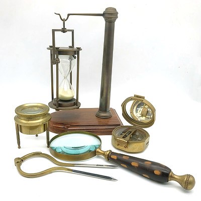 Compilation of Gentlemen's Effects Including Magnifying Glass and Hour Glass with Holder