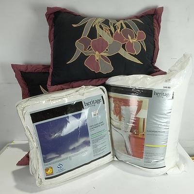 Group of Homewares Including Three Sets of Pillows and European Pillows and More