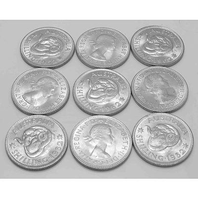 Australia Silver Shillings Uncirculated 1962 (X9)