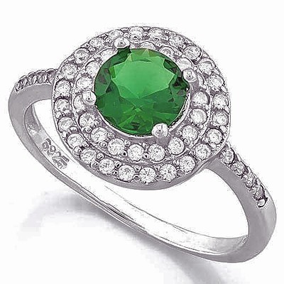 Sterling Silver Ring - Emerald Green Cz, Pave Set With White Cz
