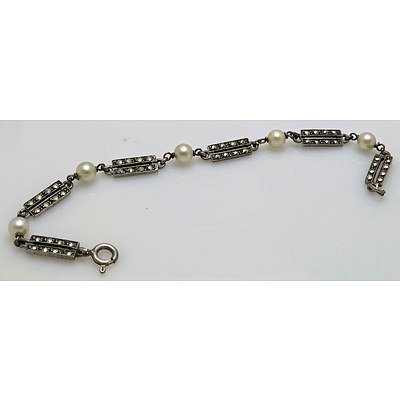 Vintage Sterling Silver Marcasite & Pearl Bracelet