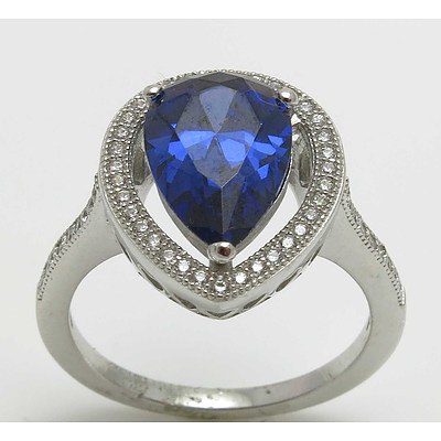 Sterling Silver Ring - Sapphire Blue Cz With White Czs