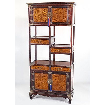 Korean Elm Panelled and Brass Mounted Tall Cabinet, Late 20th Century