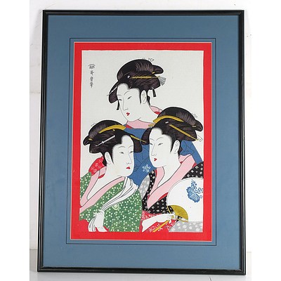 Three Geishas Screenprint on Fabric Based on a Woodblock Design