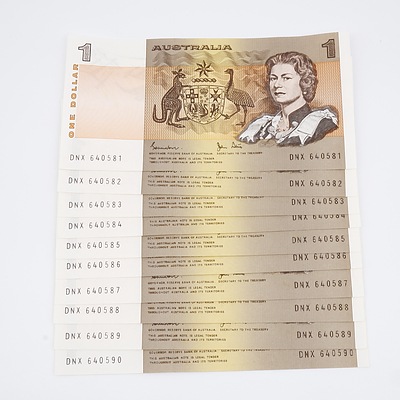 Ten Australian Uncirculated Sequential One Dollar Johnson/Stone Banknotes