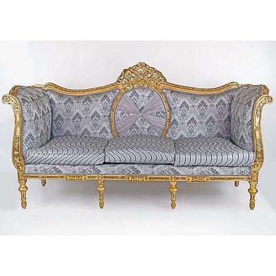 Absolutely Fabulous Louis Style Three Piece Carved Giltwood and Metal Thread Brocade Upholstered Lounge Suite Late 20th Century