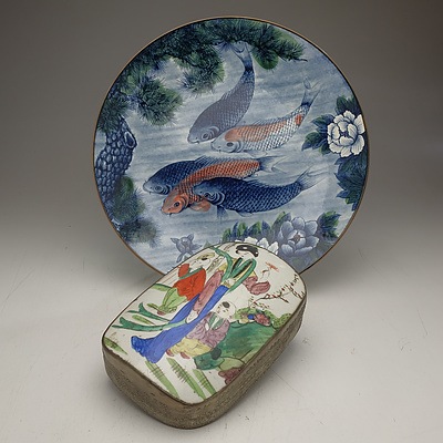 Two Asian Ceramics, including Koi Plate and Metal Mounted Shard Box