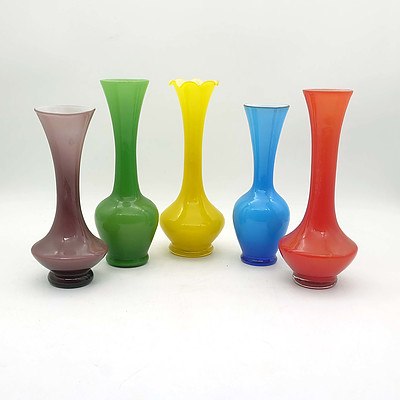 Five Retro Coloured Glass Vases