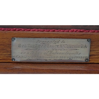 West German Mantle Clock with Plaque 'Presented to Bro. The Rev. R.Bruce, McConchie B.A. , Senior Warden , As a Token of Esteem from the Carlingford Lodge 390 U.G.L.V 22.3.27'