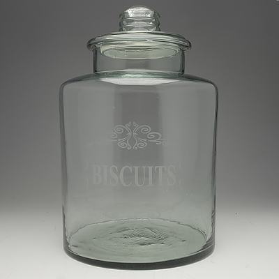 Large Glass Sweets Jar, Labelled 'BISCUITS'