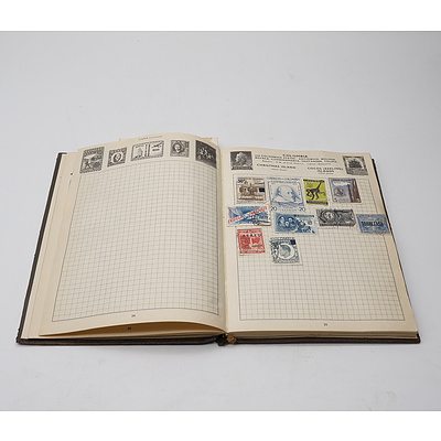 Four Stamp Albums with Various Australian and International Stamps, Including Australian King George V 2d Red, Colombo Plan 1951, Montreal 1976 Olympics and More