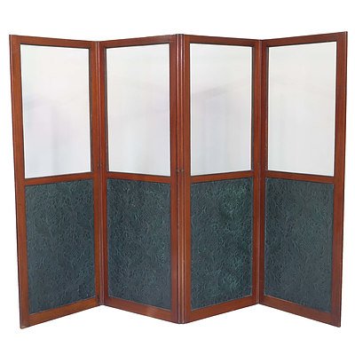 Good Victorian Mahogany and Glass Fourfold Screen with Embossed Floral Pattern Parchment Panels Circa 1900