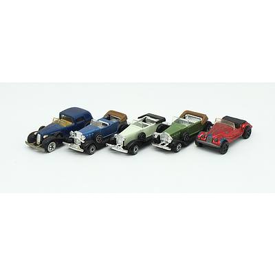 5 Toy Cars Including; Corgi Rockets Morgan Plus 8, HotWheels, S.M. Caddilac, S.M. Packard and S.M. Les Modeles Prestigieux