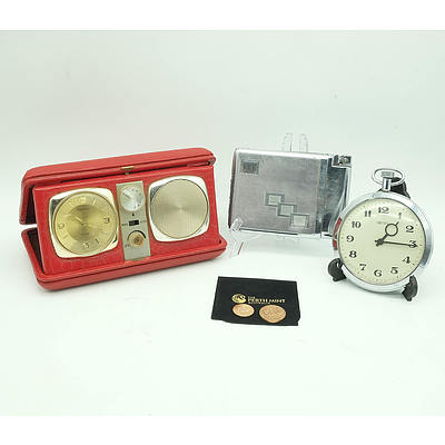 Vintage Austrian Silver-plated Cigarette Case & Lighter, Travelling Clock Radio, Smiths Goliath Pocket Watch and Australian One and Two Cent Coins