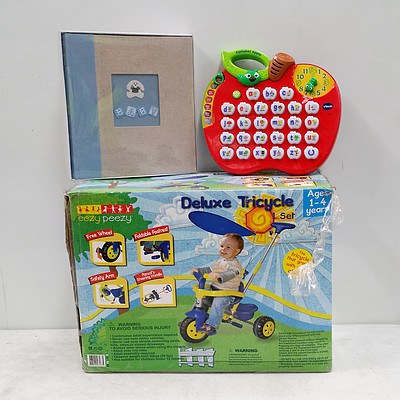 Childrens Deluxe Tricycle, Blue Scrapbook with 'Baby' on Front and Alphabet Apple Childs Toy