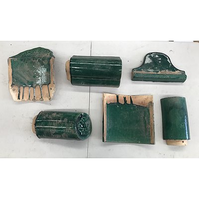 Five Pallets of Green Ceramic Oriental Roof Tiles of Various Shapes and Sizes