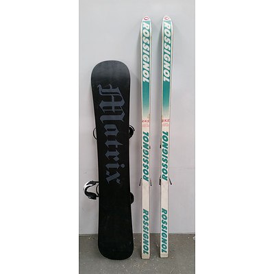 Set of Rossignol Skis (Made in France) and a Matrix Escape Snowboard