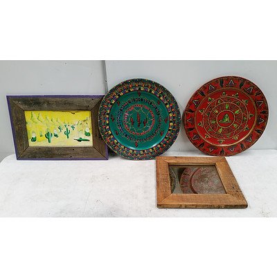 Rustic Mirror, Two Mexican Themed Display Plates (Wooden) and a Rustic Framed Print of Cacti and Desert