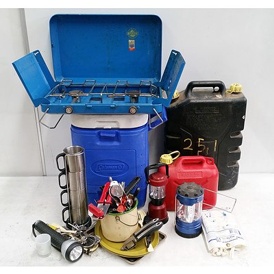 Camping/Picnic Equipment Including; 2 Plastic Jerry Cans, Fireblanket, Battery Lamps, Plates, Utensils, Camping Stove, Cooler Jug and More