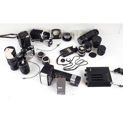 Nikon F Camera and Large Assortment of Camera Accessories